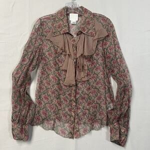 Anna Sui Anthropologie Sheer Ruffle Blouse Women 10 Brown Floral Silk Button Top